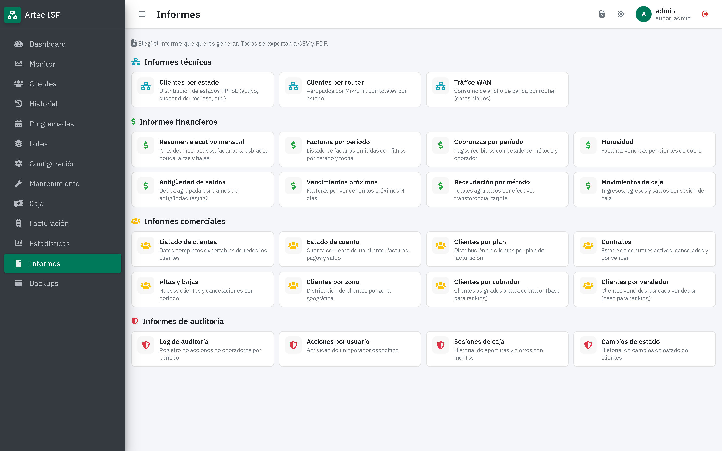 Hub de informes agrupados en técnicos, financieros, comerciales y de auditoría