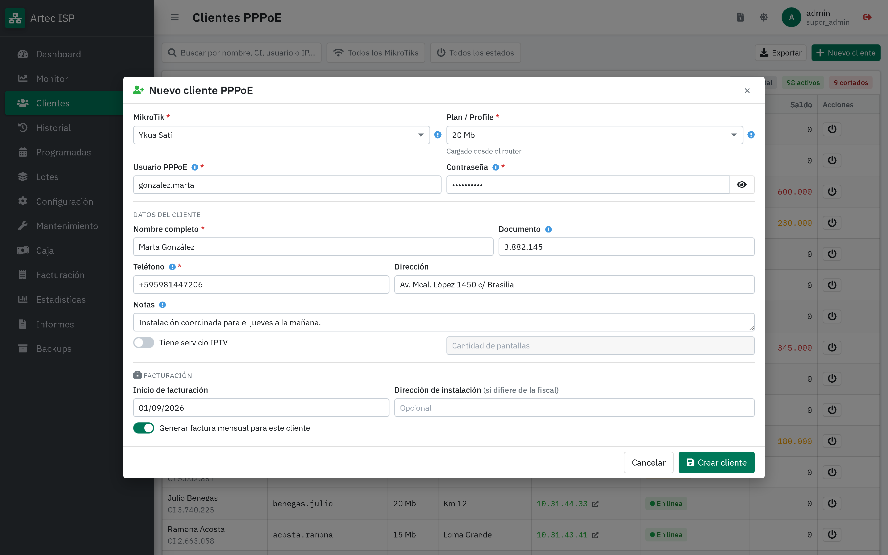 Formulario de alta de cliente PPPoE: MikroTik, plan, usuario y contraseña del secret, datos de contacto y facturación