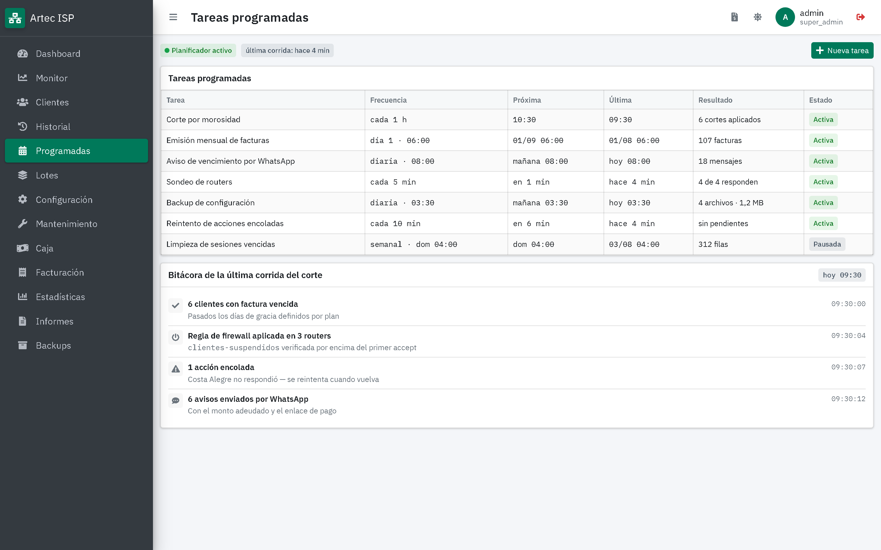 Tareas programadas y bitácora de la última corrida del corte por morosidad